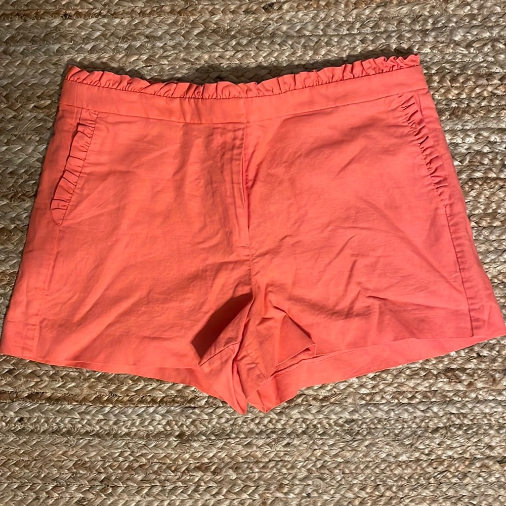 J. Crew size 14 shorts. High waisted, coral/salmon linen with ruffle detail.